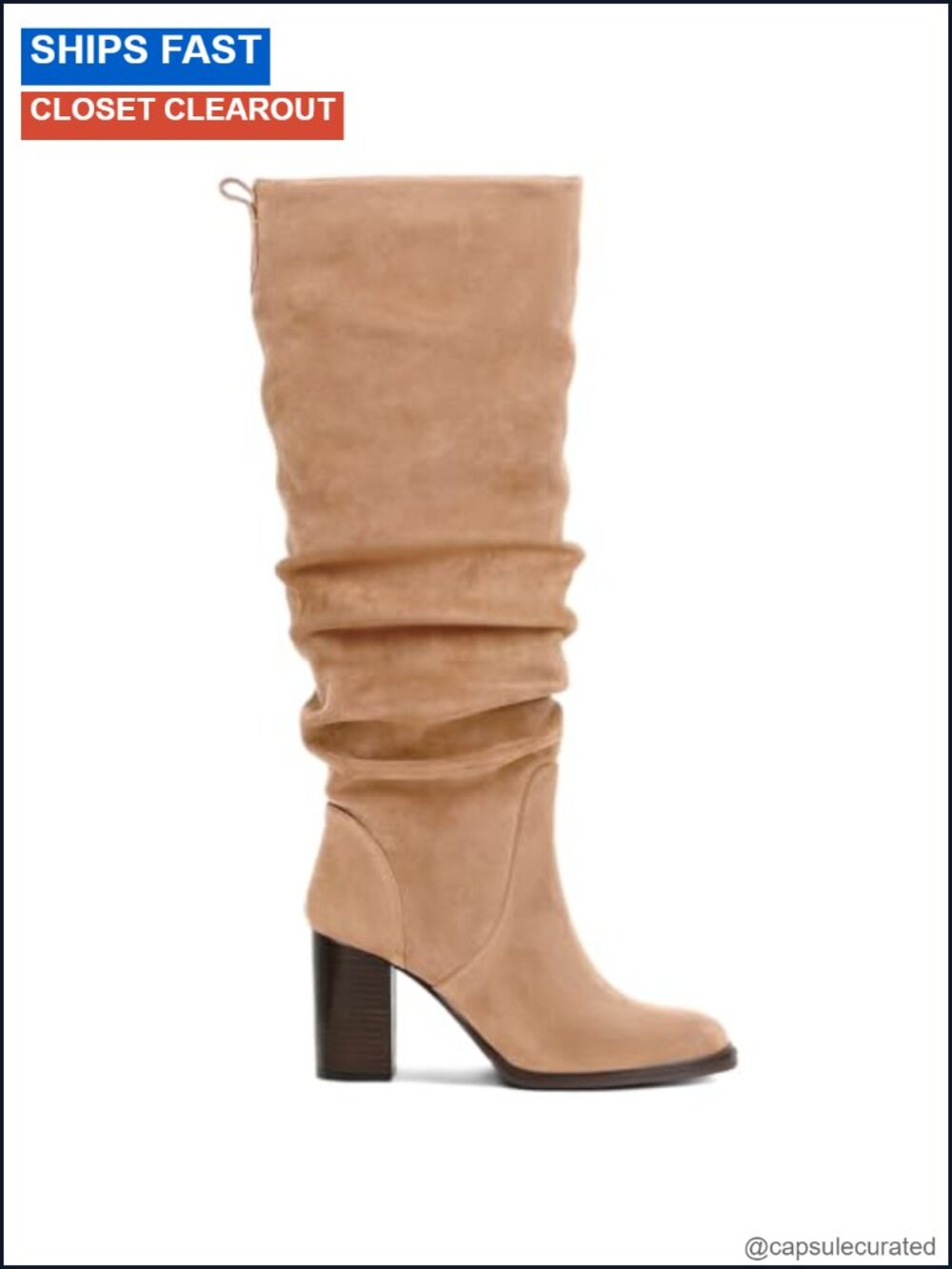 Knee High Faux Suede Boots Slouch Chunky Heel Zip